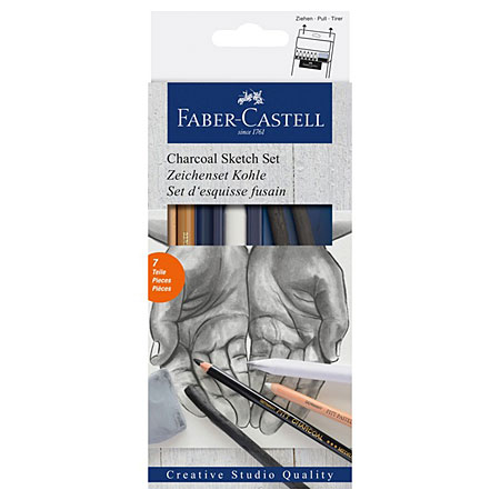 Faber Castell Pitt - Charcoal sketch set - 2 houtskoolstaafjes, 2 geassorteerde houtskoolpotloden, 1 wit potlood, 1 kneed gom & 1 doezelaar