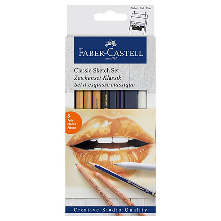 Faber Castell Classic Sketch Set - 5 geassorteerde potloden (Goldfaber grafiet, Pitt zwart/wit/sanguine/sepia) & 1 doezelaar