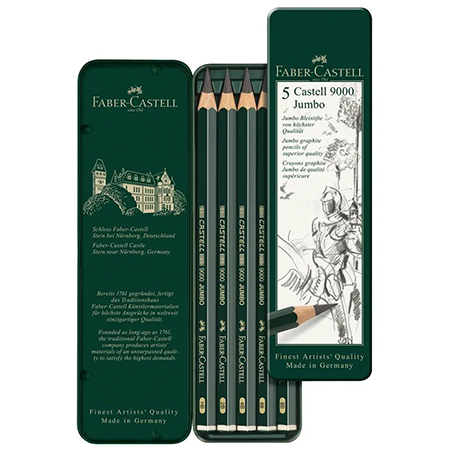 Faber Castell 9000 Jumbo - étui en métal - assortiment de 5 crayons graphite - graduations 8B à 2H