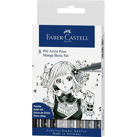 Faber Castell Pitt Artist Pen Manga Set - cardboard box - 8 assorted markers (S/M/B) - black & grey shades