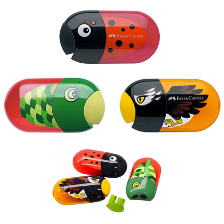 Faber Castell Double sharpener with tank & eraser - assorted colours