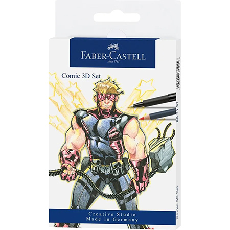 Faber Castell Comic 3D Set - kartonnen etui - assortiment van 5 stiften met gepigmenteerde inkt, 4 potloden & toebehoren