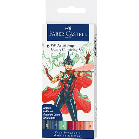 Faber Castell Pitt Artist Pen Comic Colouring Set - cardboard box - 6 assorted pigmented ink brush pens
