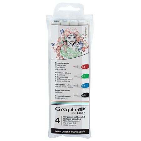 Graph'it Fine Liner - plastic wallet - 4 assorted calibreed fineliners 0.5 (black/blue/red/green)