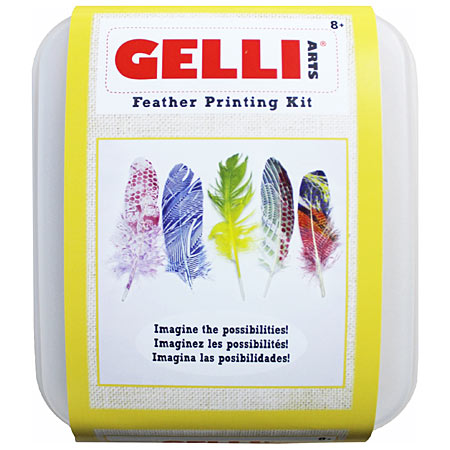 Gelli Arts Feather Printing Kit - 1 gel printing plate, 1 roller, 3 bottles of acrylic paint, 8 white feathers & accessories