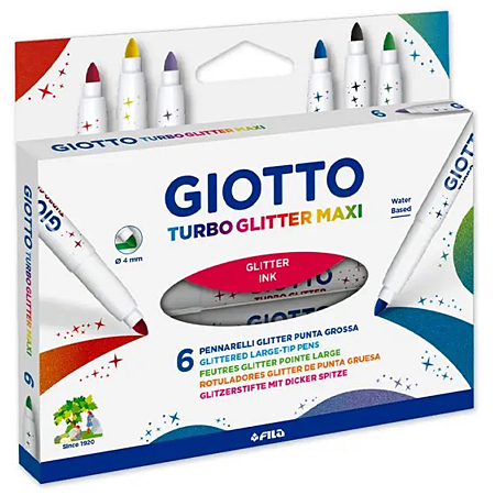 Giotto Turbo Glitter Maxi - kartonnen etui - assortiment van 6 glitter kleurstiften