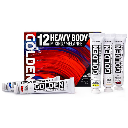 Golden Heavy Body Mixing Set - 12 assorted 22ml tubes of extra-fine acrylic & 1x60ml bottle of gloss glazing liquid