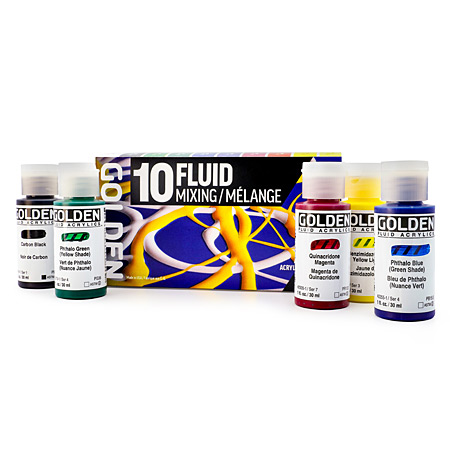 Golden Fluid Mixing Set - 10 assorted 30ml bottles of extra-fine acrylic