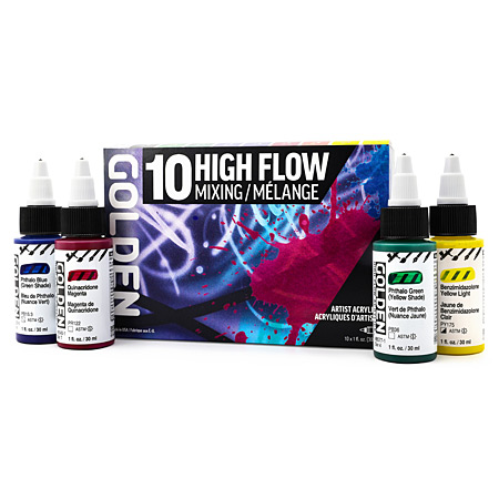 Golden High Flow Mixing Set - 10 assorted 30ml bottles of extra-fine acrylic