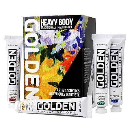 Golden Heavy Body Traditional Set - 7 assorted 22ml tubes & 1x60ml tube of extra-fine acrylic & 1x60ml bottle of gloss glazing liquid