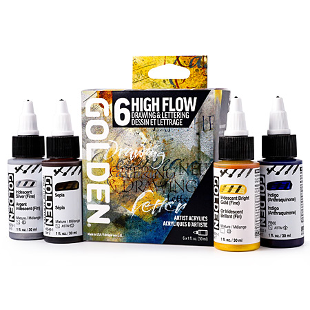 Golden High Flow Drawing & Lettering Set - set van 6 flacons 30ml extra-fijne acrylverf