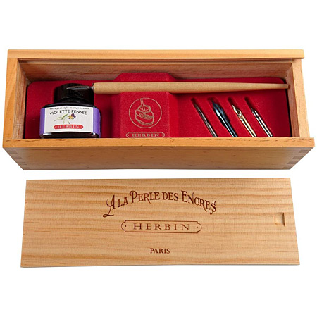 J.Herbin A la perle des encres - Violette pensée - wooden box - 1 nib-holder, 5 nibs & 1 ink bottle