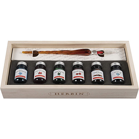 J.Herbin 6 nuances d'encre - coffret en bois - assortiment de 6 flacons d'encre 10ml & 1 plume de verre