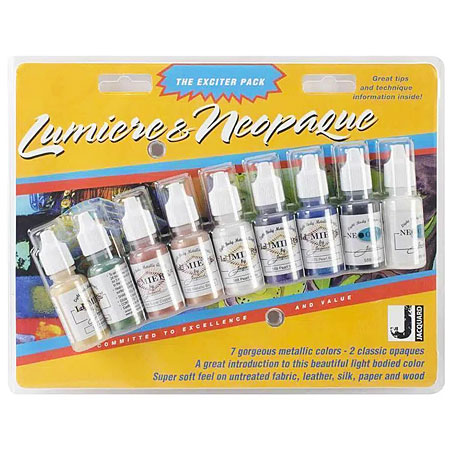 Jacquard Lumière & Neopaque Exciter Pack - 7 flacons 15ml & 2 flacons 15ml van verf voor stof & leer