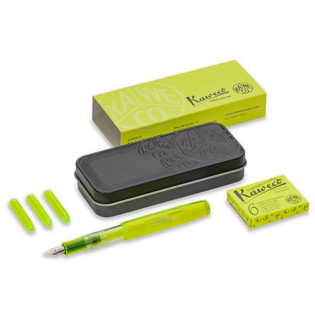 Kaweco Glow Marker Set -  1 calligraphy fountain pen (1.9mm) & 6 ink cartridges glowing yellow