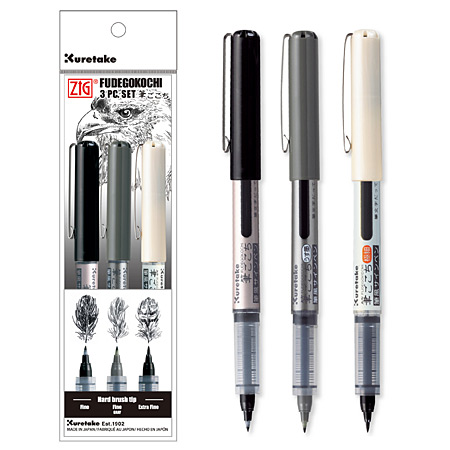 Kuretake Fudegokochi - plastic pouch - 3 assorted brush pens