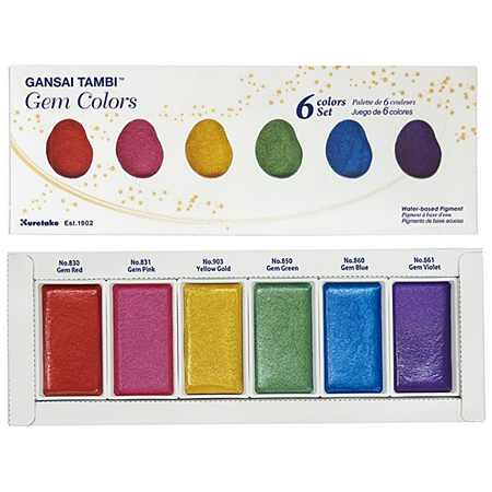 Kuretake Gansaï Tambi Gem Colours - cardboard box - 6 assorted watercolour pans - selection of gem colours