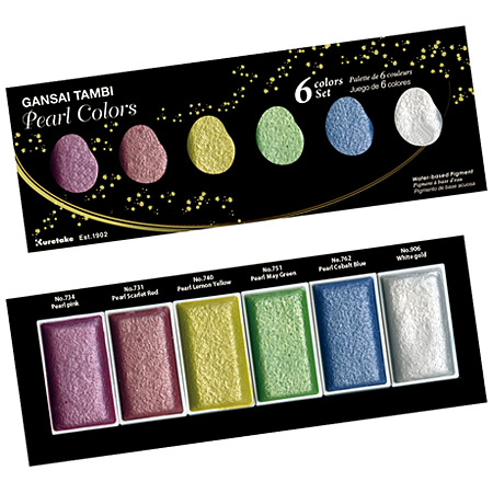 Kuretake Gansaï Tambi Pearl Colours - cardboard box - 6 assorted watercolour pans - selection of pearl colours