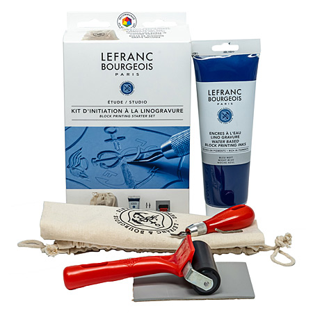 Lefranc Bourgeois Linoleum starter kit - 1x250ml tube of ink, 1 roller, lino cutters & carving block
