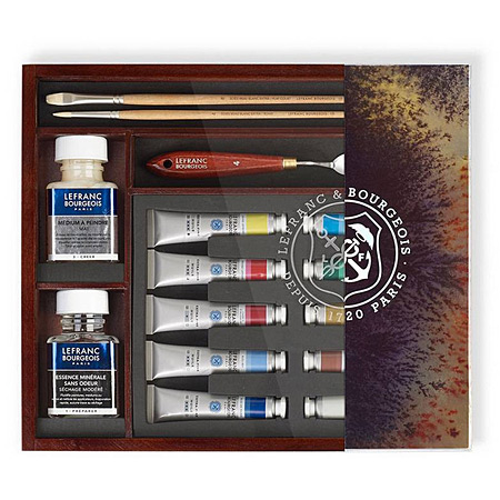 Lefranc Bourgeois Extra fine oil colour - impressionist wooden box - 10x20ml tubes, 2x75ml bottles (medium & thinner) & accessories