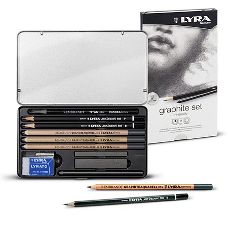 Lyra Rembrandt Graphite Set - metalen etui - assortiment van 5 potloden, 2 stiften & 2 grafietkrijten & toebehoren