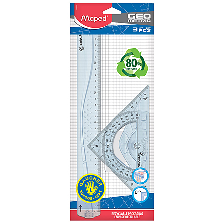 Maped Geometric - tracing set in clear plastic for left-handed - ruler, 45° set square & 180° protractor