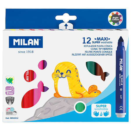 Milan Etui en carton  - assortiment de 12 feutres maxi - lavables - pointe ronde 7.5mm
