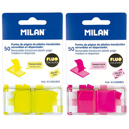 Milan Paquet de 50 marque-page adhésifs translucides avec distributeur - 45x25mm
