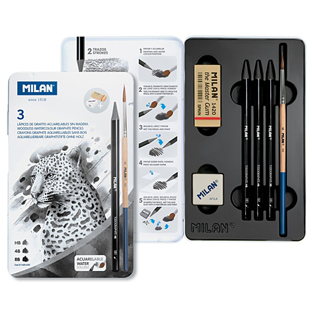 Milan Metal tin - 3 assorted watersoluble woodless graphite pencils & accessories