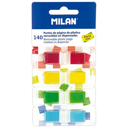 Milan Paquet de 140 marque-page adhésifs en plastique - 4 couleurs - avec distributeurs - 45x12mm
