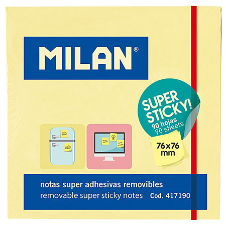 Milan Super Sticky - bloc de 90 notes adhésives - 76x76mm - jaune
