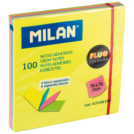 Milan Blok van 100 zelfklevende memoblaadjes - 76x76mm - 4 geassorteerde fluokleuren