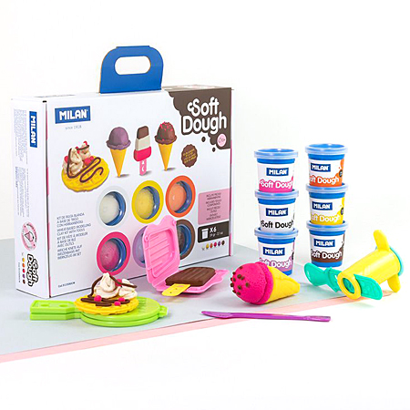 Milan Soft Dough Ice Cream & Waffles - cardboard case - 6 assorted 59g jars of modelling dough & 10 accessories