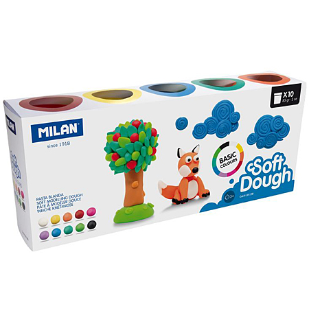 Milan Soft Dough - kartonnen doos - assortiment van 10 potten 85gr van boetseerpasta