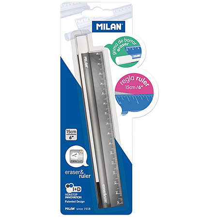 Milan Metal ruler with integrated eraser - 15cm - assorted colours