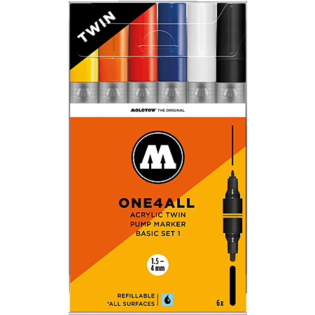 Molotow One4All Twin - plastic etui - assortiment van 6 acrylverfmarkers - 2 ronde punten