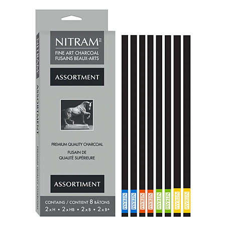 Nitram Fine Art Charcoal - doosje van 8 geassorteerde houtskoolstaafjes (H-HB-B-B+) - 5-6mm