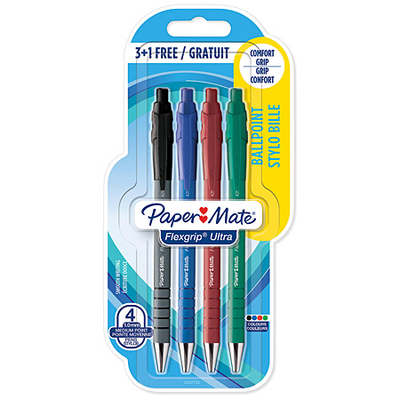 Paper Mate Flexgrip Ultra RT - assortiment de 4 stylo-bille pointe moyenne (1mm) - offre spéciale 3+1 gratuit