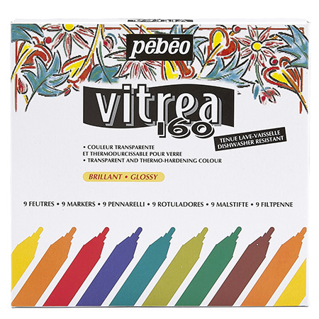 Pébéo Vitrea 160 - kartonnen etui - assortiment van 9 geassorteerde stiften - glanzende kleuren