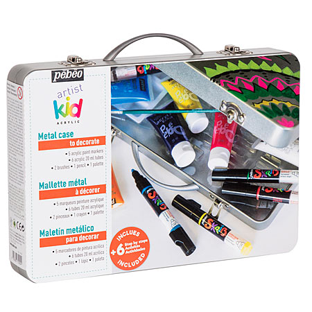Pébéo Artist Kid - coffret en métal - 6 marqueurs Skrib acrylique, 6 tubes 20ml de peinture Acrylcolor & accessoires