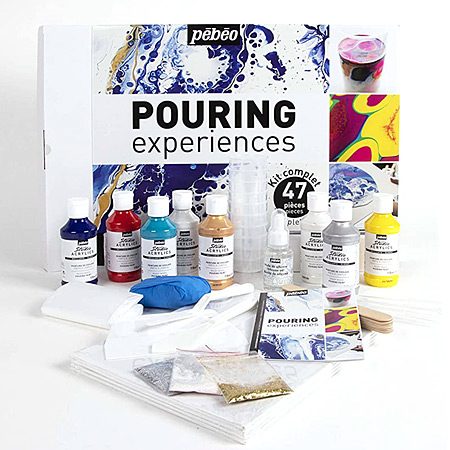 Pébéo Pouring Experiences - complete kit - 8x118ml bottles of ready to use pouring paint, surfaces & accessories