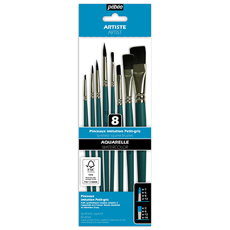 Pébéo Set of 8 watercolour brushes - synthetic fibres squirrel imitation - assorted round & flat - short handle