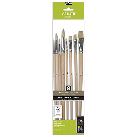 Pébéo Set of 8 acrylic & oil painting brushes - white bristle - assorted round & flat - long handle