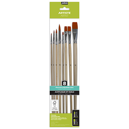 Pébéo Set of 8 acrylic & oil painting brushes - golden taklon - assorted round & flat - long handle