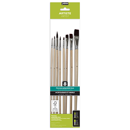 Pébéo Set of 8 acrylic & oil painting brushes - brown synthetic fibres - assorted round & flat - long handle