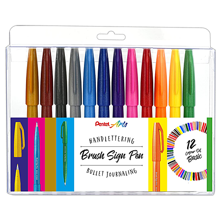 Pentel Brush Sign Pen - plastic etui - assortiment van 12 penseelstiften