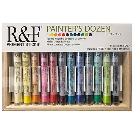 R&F Pigment Stick - Painter's Dozen - 12 assorted oil sticks (38ml) & 1 gesso bord