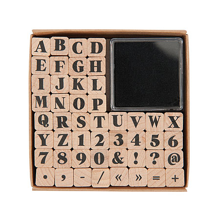 Rico Design Set de 48 tampons & 1 tampon encreur - 1x1cm - alphabet, chiffres & ponctuation II