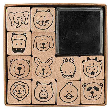 Rico Design Set of 12 stamps & 1 ink pad - 2x2cm - animals faces