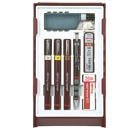 Rotring Isograph College Set - 3 stylo calibrés, 1 porte-mine & accessoires